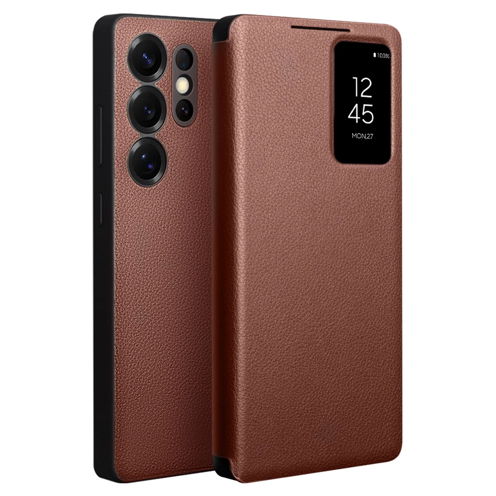 QIALINO For Samsung Galaxy S25 Ultra Case Auto Wake / Sleep View Window Genuine Cow Leather Phone Cover with Card Slot (APP Vers