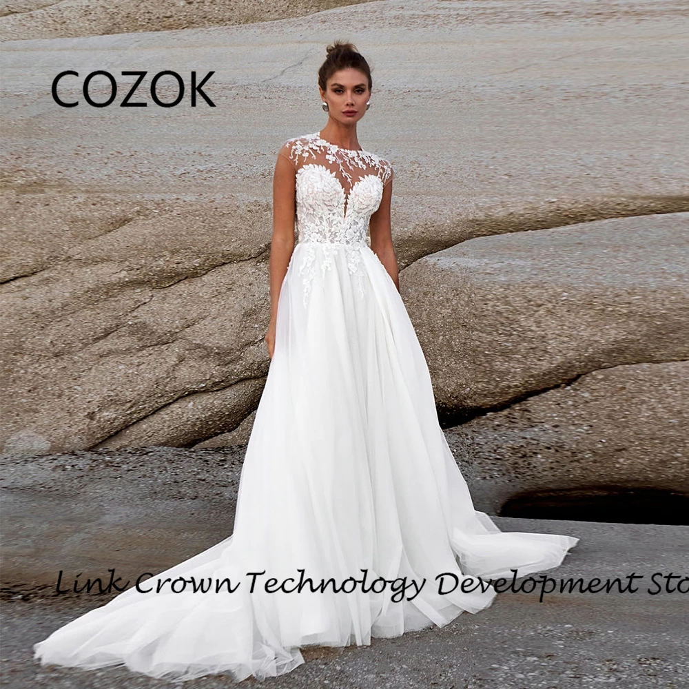 

COZOK Strapless Wedding Dresses with Lace 2024 Sleeveless Bridal Gowns for Women Soft Tulle New Vestidos De Novia Button Back