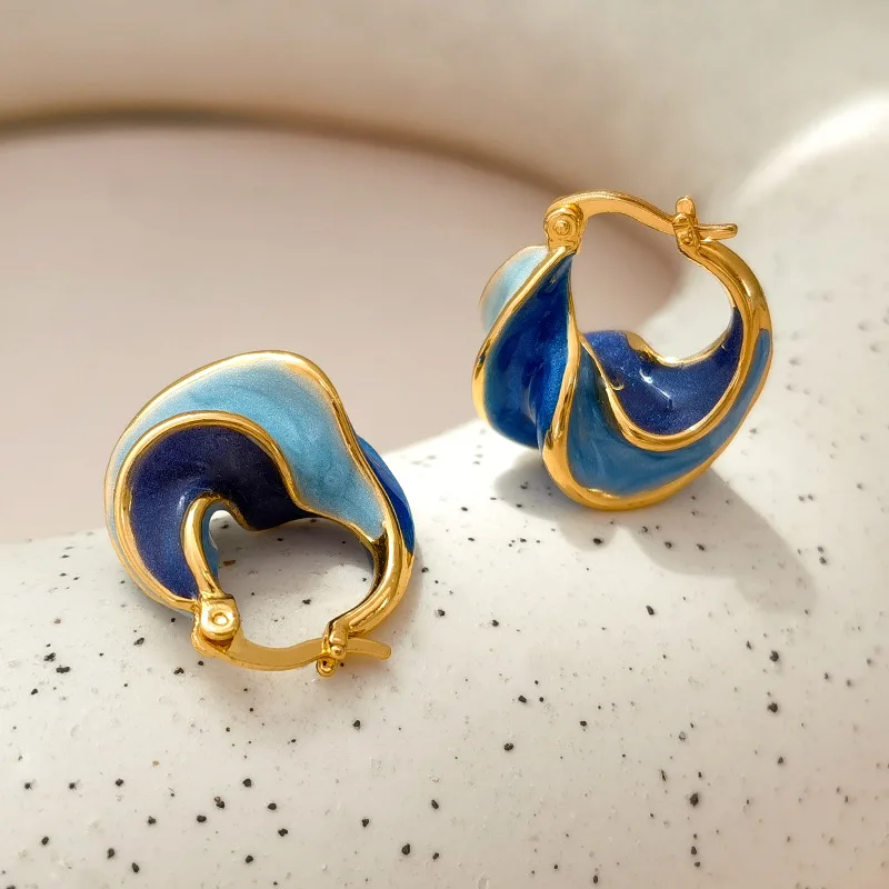 Pendientes de aro pequeños con textura de Metal para mujer, Color azul esmaltado, chapado en oro, hebilla de oreja llamativa, regalos de joyería