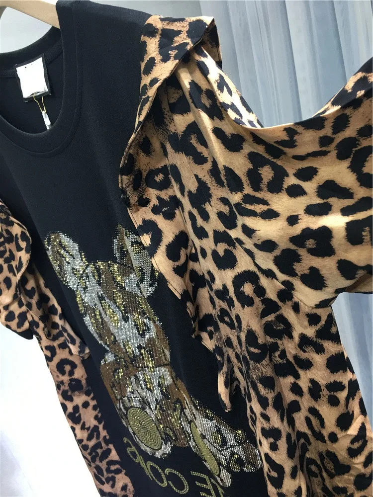 Vestido negro de talla grande para mujer, ropa de verano con estampado de oso, leopardo, manga corta, empalmado, 4XL