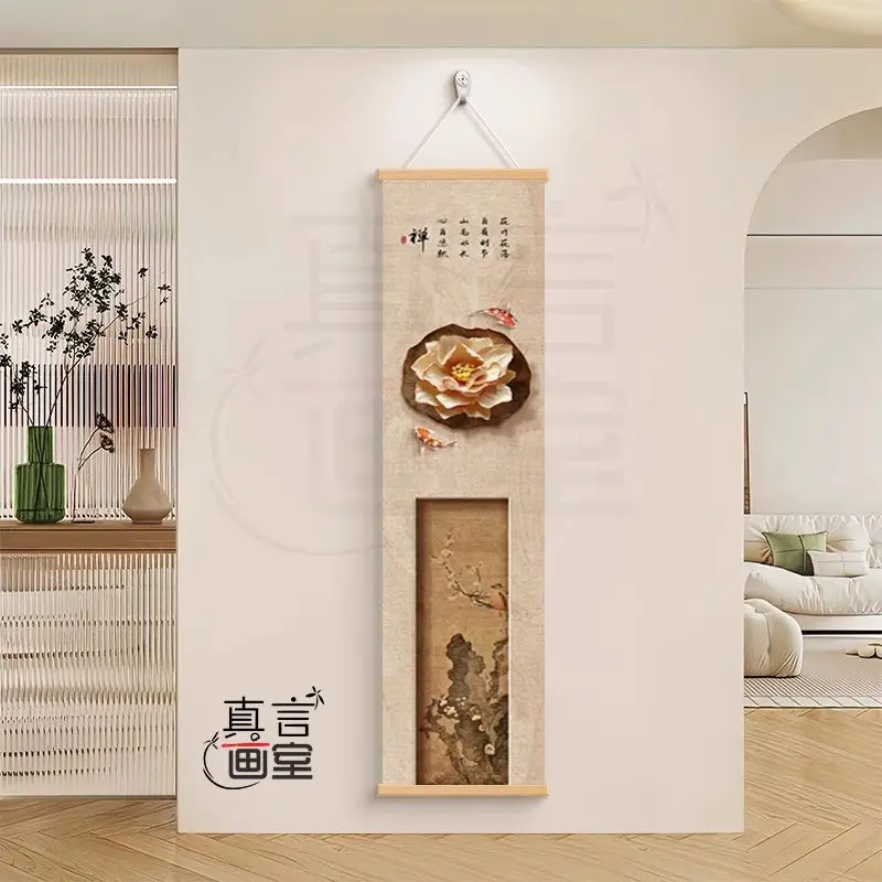 Zen Dry Landscape Lotus Scroll Tapestry Wall Hanging, Vertical Buddhist Meditation Art for Tea Room Corridor House Decor