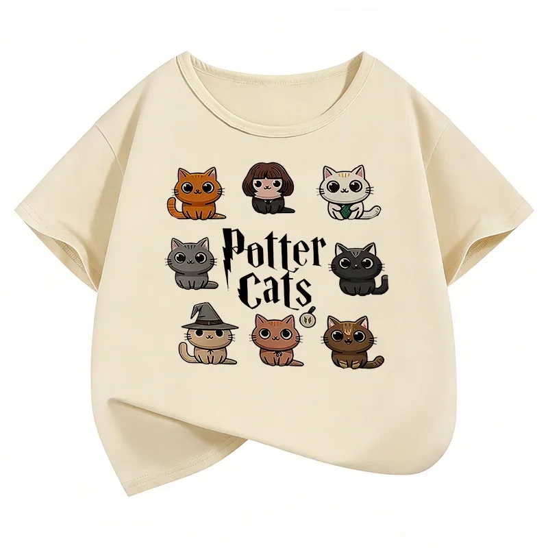 Potter Cat Graphic Kids Tshirts Summer Short Sleeve Tees Cartoon Animal Boys Girls Clothes Kawaii Tops Y2K Children T-shirt