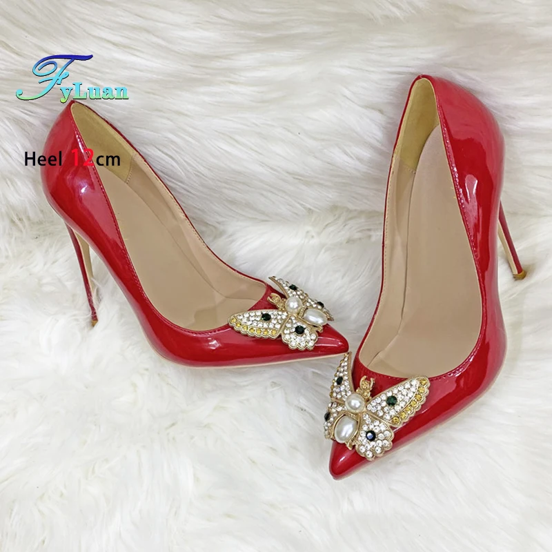 Plus Size 45 Handmade Women High Heels 8CM 10CM 12CM Fashion Pointed Toe Rhinestone Single Shoes Comfort Shallow Mouth Red Pumps