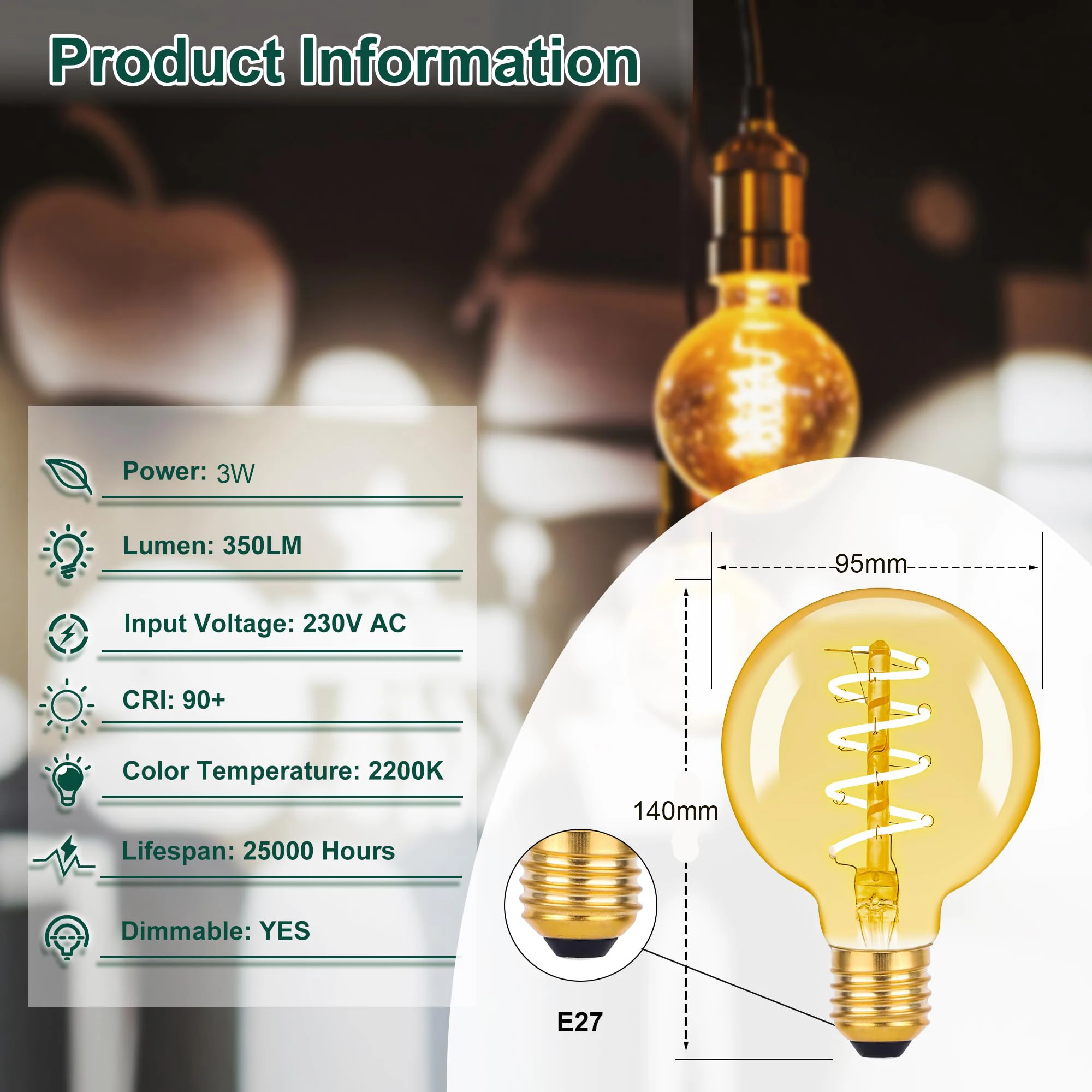 Imagem -02 - Luz Espiral Retro Regulável Lâmpada de Filamento Led Grande G95 Vidro Âmbar Branco Quente Lâmpadas Vintage 220v 2200k 3w