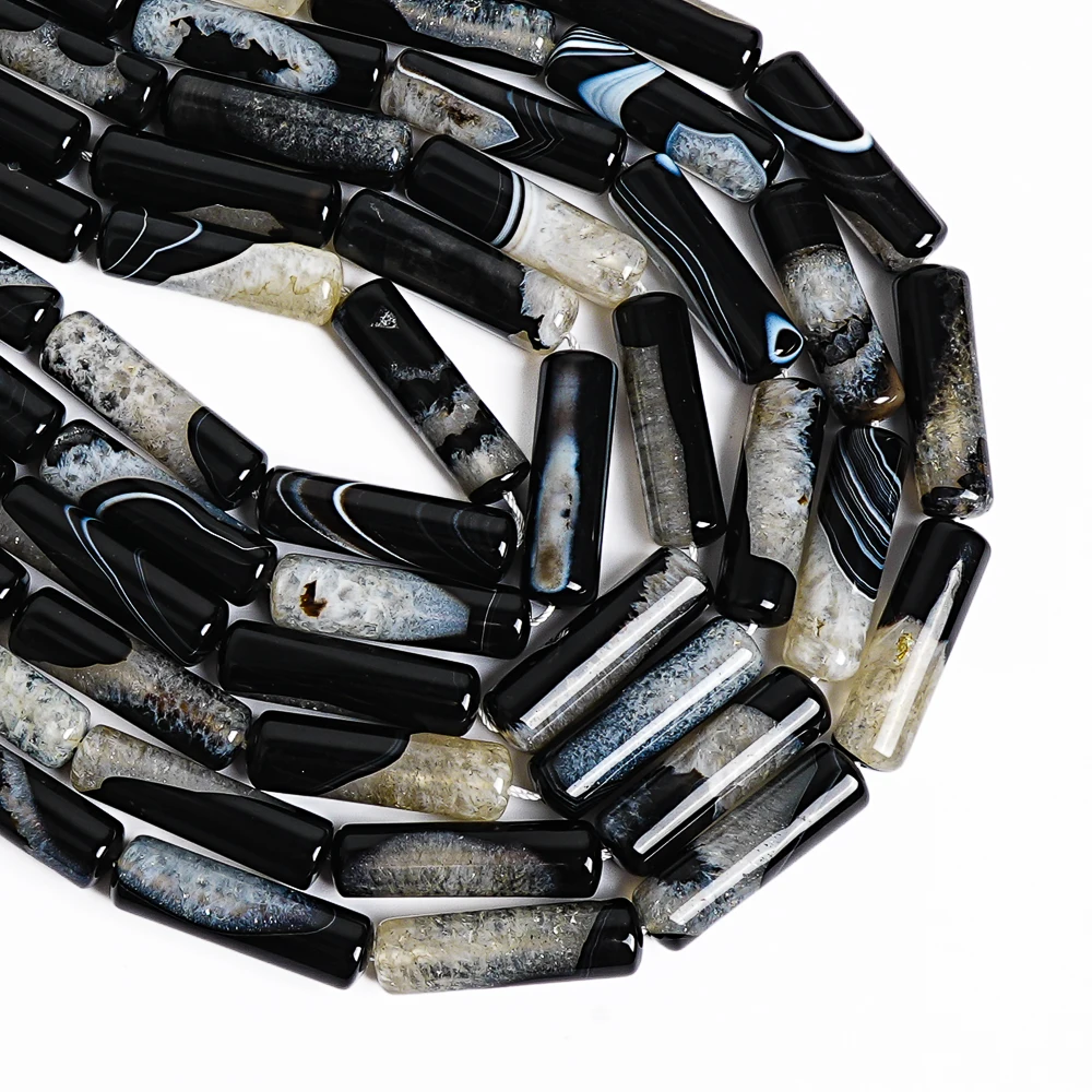 25x25x7mm Black White Cylinder Agate Loose Beads Natural Agate Stone for DIY Jewelry Making Crafting Bracelet Necklace Supplies