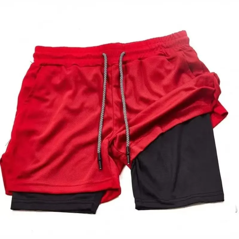 Men's Double Layer Fitness Shorts Men Fitness Gym Training 2 in 1 Sports Shorts Quick Dry Workout Jogging Double Deck Summer