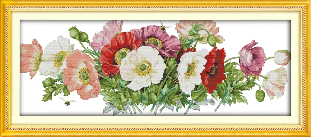 Joy Sunday News Printed Cross Stitch Kit ,  Easy Pattern with Aida and DMC Threads,  Stamped Fabric Embroidery Set-Poppies (7)