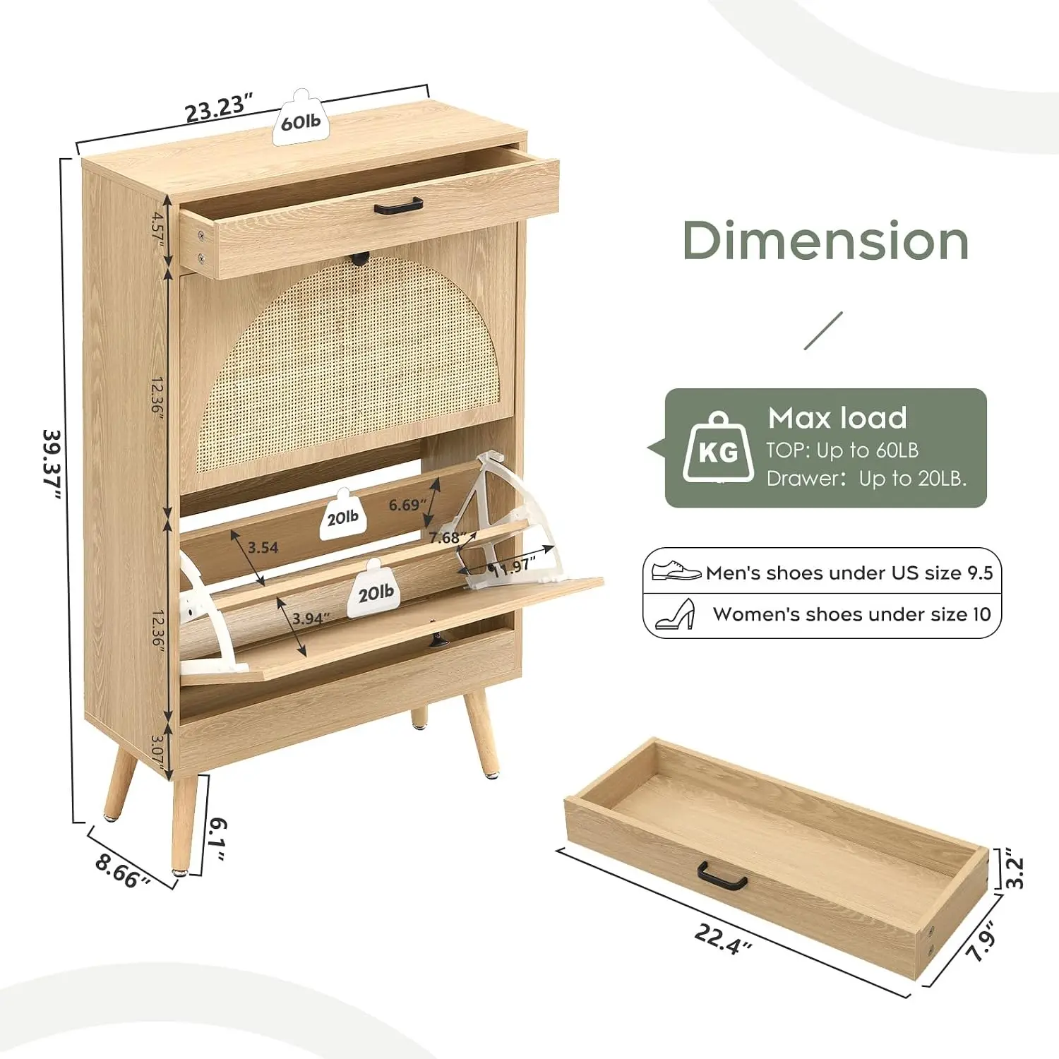 Shoe Rack Storage Organizer With Rattan Doors Wooden Shoe Cabinet With Legs For Sneakers Slippers Entryway, 1 Piece, Customized