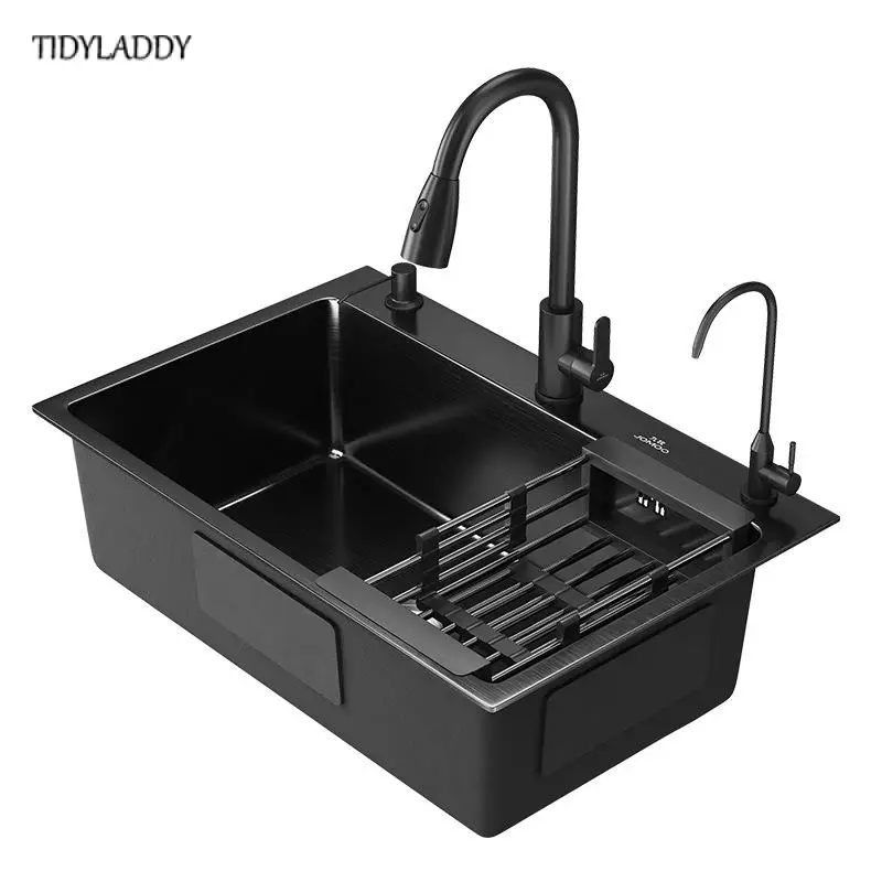 Matte Square Kitchen Sink Nano Stainless Steel Kitchen Accessories High-Quality Large Single Slot Wash Basin Kitchen Faucets