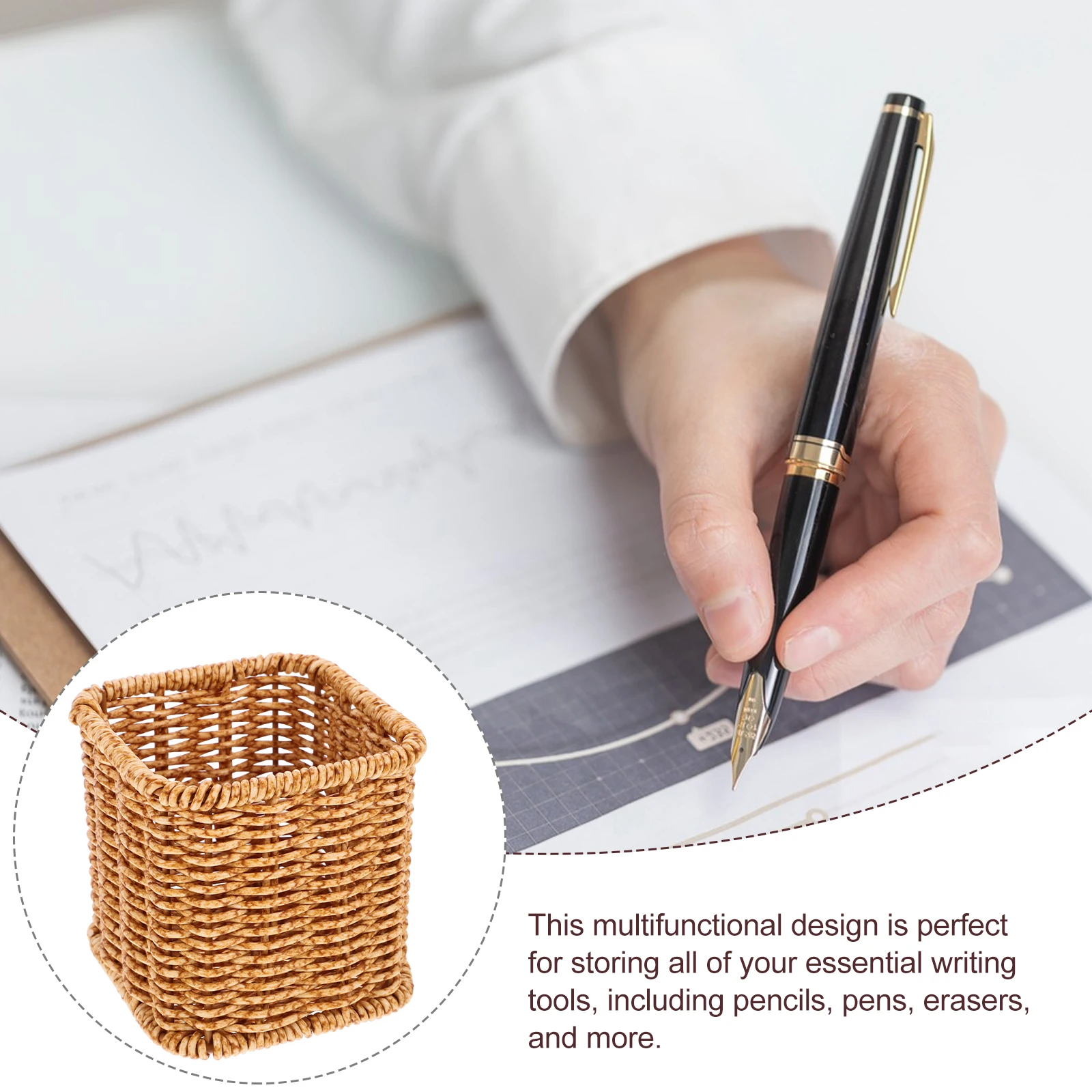 

Stationery Storage Box Color Woven Desk Office Decor Rattan Style Plastic Pen Container Makeup Brush Bucket Table