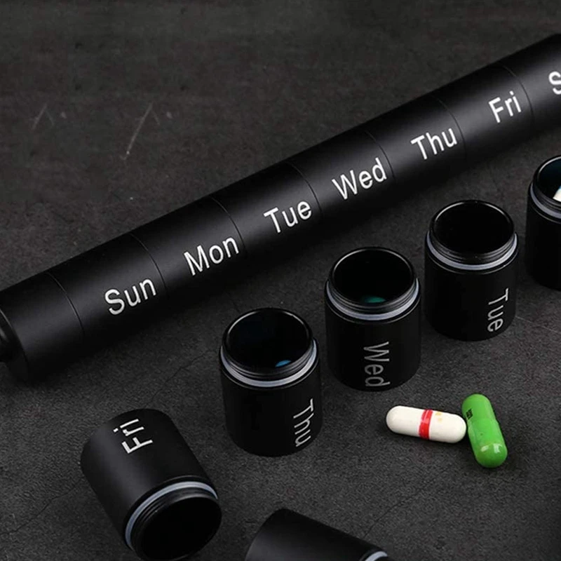 블랙 메탈 알약 상자 정리함, 7 일 알약 정리함, 방수 비상 키체인 알약 거치대 약 케이스
