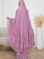 Ramadan Long Khimar Muslim Abaya Women Prayer Garment Saudi Prayer Dress Lace Trim Silky 2-częściowe zestawy spódnic Eid Niqab jilbab