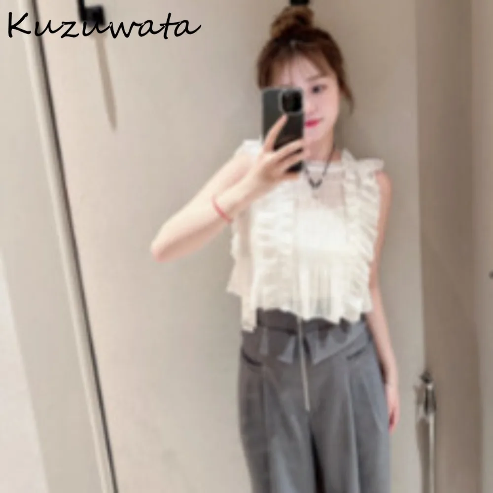 Kuzuwata High Waist Patchwork Ruched Casual Trousers All-match Zip Pocket Wid Leg Pants Japan New Straight Mid-length Sweatpants