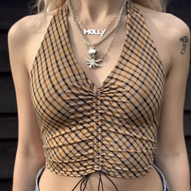 

Brown Crop Tops Printed Beautiful Back Pleated Plaid Suspender Vest Slim Tank Tops 2024 Summer New Vintage Sweet Cute Women