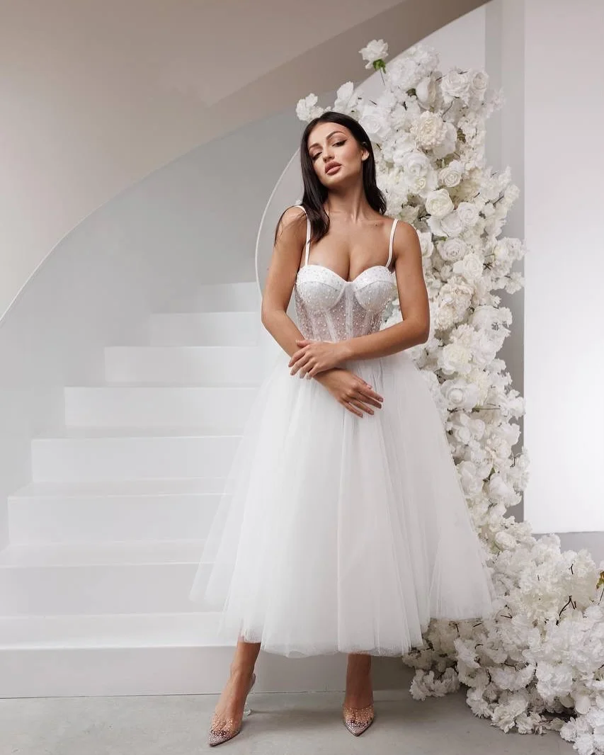 Shiny Beaded Sequined  Sweethart  Tea Length Bridal Grown A Line Wedding Dresses Custom Made 2026 Rode De Morrie