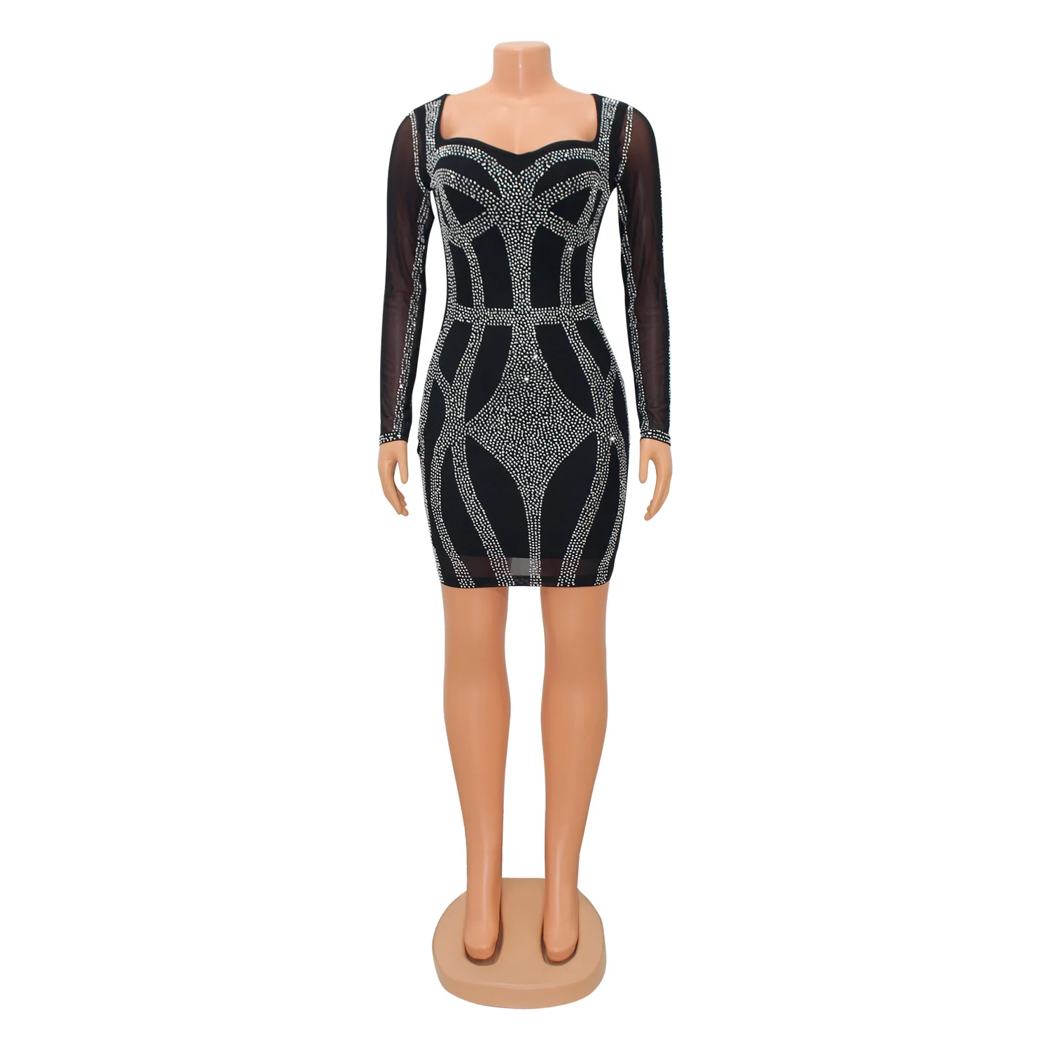 Y2K مساء Dress2025 جديد إمرأة مثير شبكة الترتر ملهى ليلي فستان بكم طويل تنورة قصيرة مثير المرأة موضة فستان الحفلات