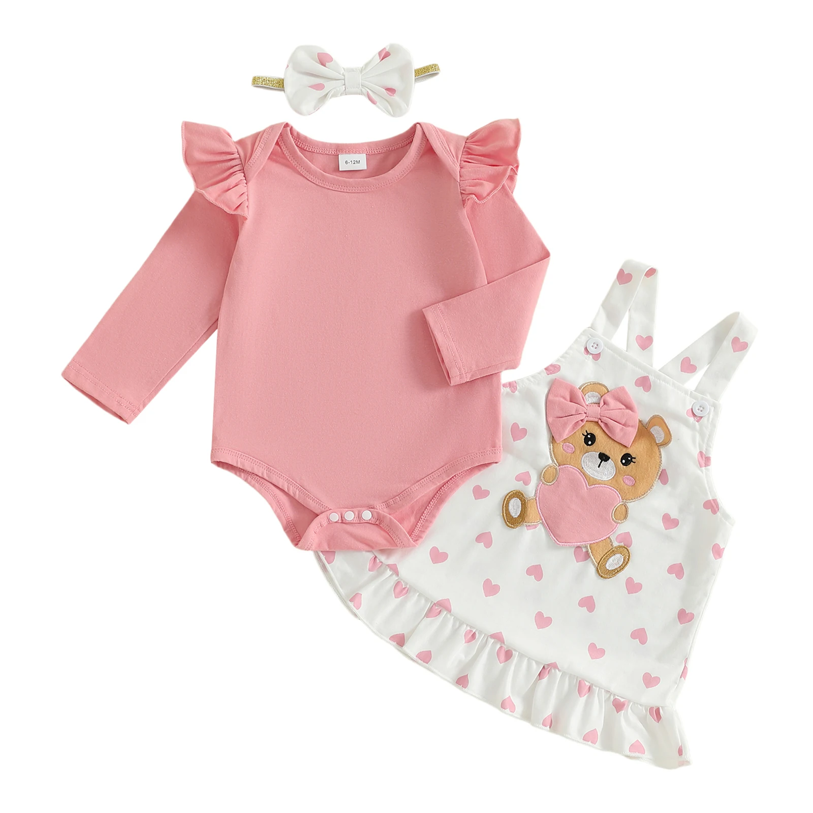 

Baby Girls 3 Piece Outfit Cute Long Sleeve O Neck Solid Color Jumpsuit Bow Headband Bear Embroidery Dress Set