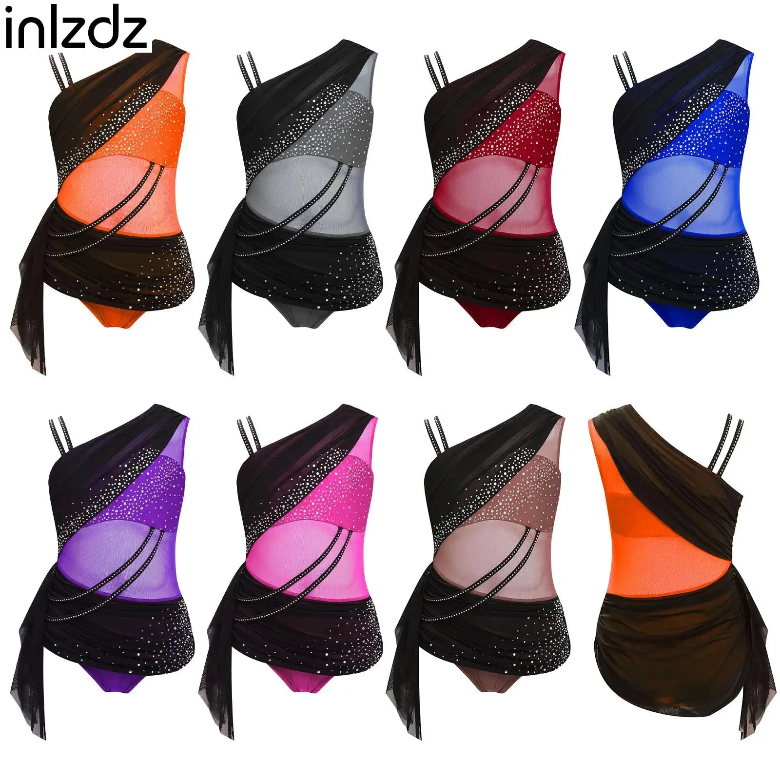 Maglia da balletto per bambina, ginnastica, pattinaggio di figura, costume da bagno, strass asimmetrici, maglia lirica, body moderno