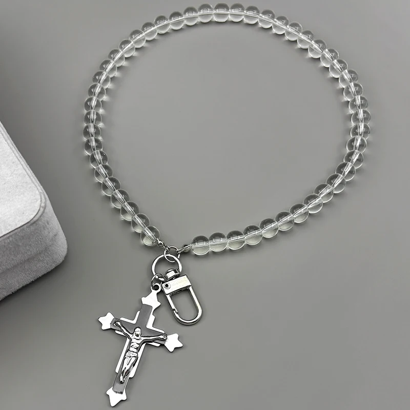 

Jesus Cross Crucifix Car Pendant for Women Men Stainless Steel Silver Balck Color Transparent Glass Beads Chain Catholic Jewelry