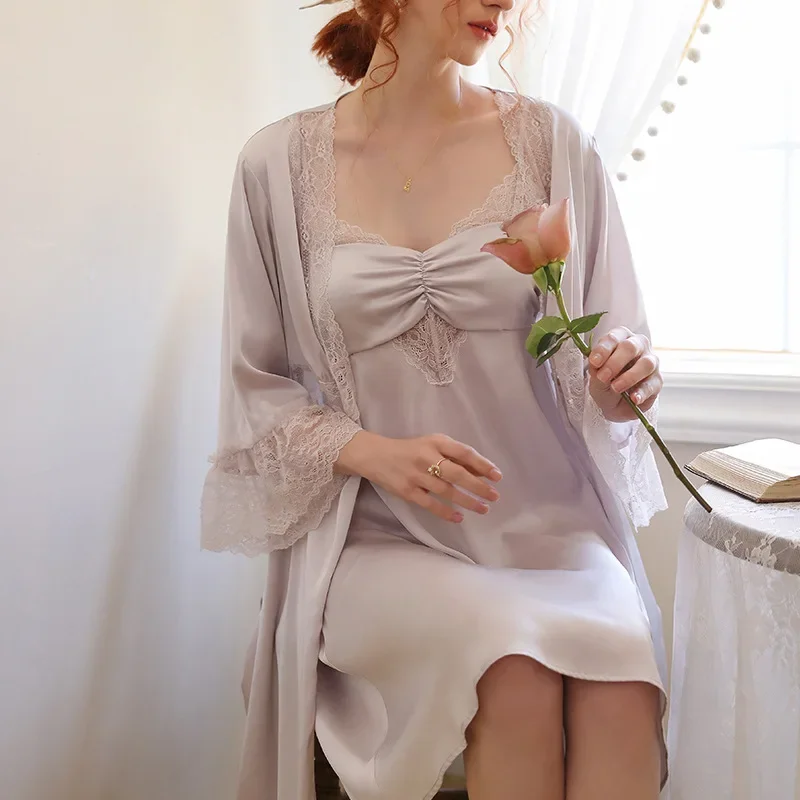 Women Robe Sets Sexy V Neck Nightwear Peignoir Sleeping Dress Two Pieces Ice Silk Nightdress Spring Summer Satin Night Dress