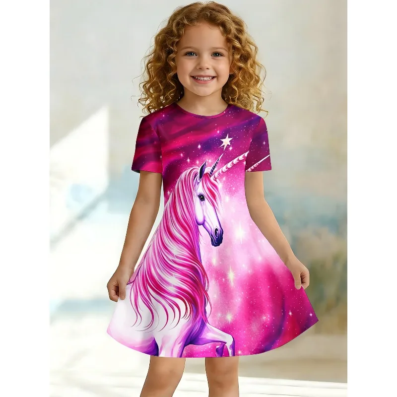 Little Girls 3 Styles Magical Cartoon Print Round Neck Short Sleeve A-Line Dress Summer Daily Holiday Party Flared Swing Dress