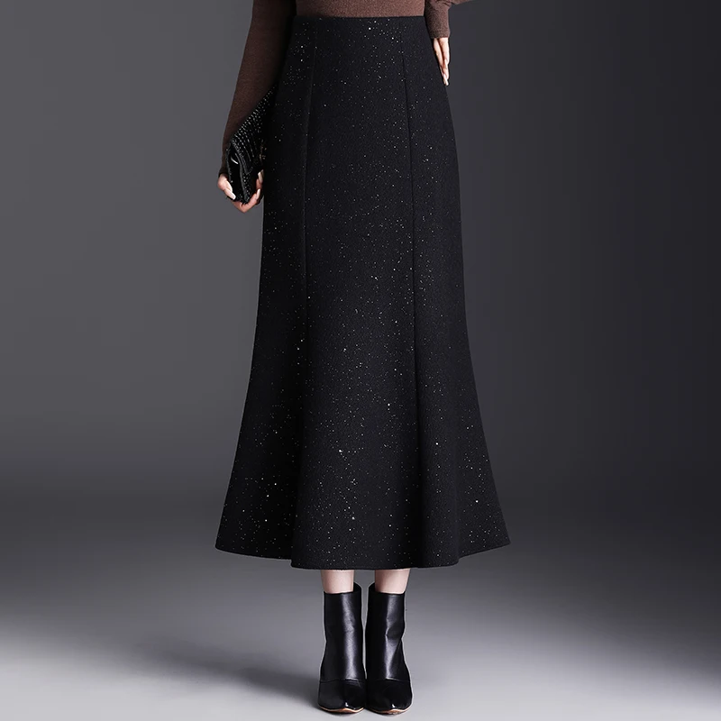 

Новая зимняя шерстяная юбка-русалка с пайетками, высокой талией, утягивающая, А-силуэт, облегающая, с запахом