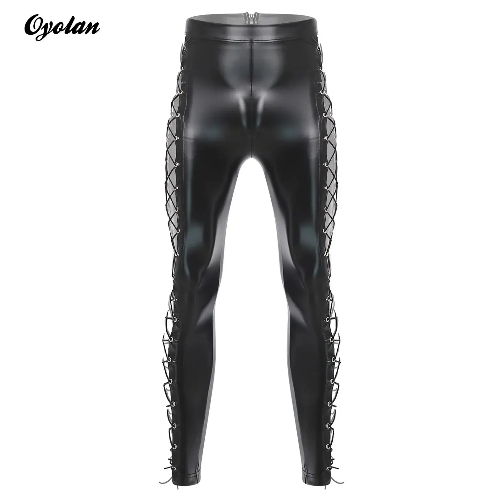 

Мужские матовые латексные брюки из искусственной кожи, леггинсы, шикарная клубная одежда, высокая талия, молния сзади, подвески по бокам и колготки на шнуровке, узкие длинные брюки