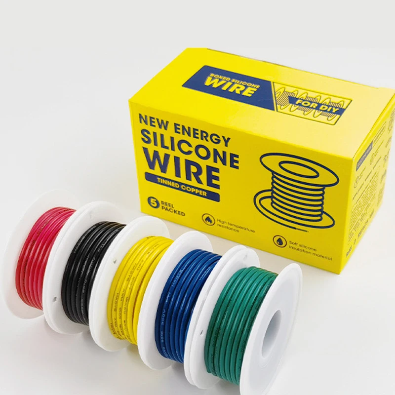 Kit misto (5 colori) Filo in silicone flessibile resistente al calore 30/28/26/24/22/20/18/16AWG Cavo intrecciato elettrico in rame stagnato