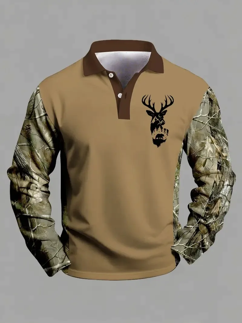 Christmas Reindeer Head 3D Printed Men's Polo Shirt Fashionable Autumn Long Sleeved Shirt Breathable