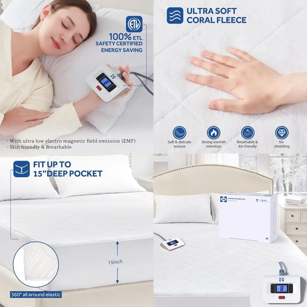 

Twin Size Heated Mattress Pad with Plush Coral Fleece, 10 Heat Levels, Auto-Off Timer, Fits 15 Pockets, 39x75 Washable