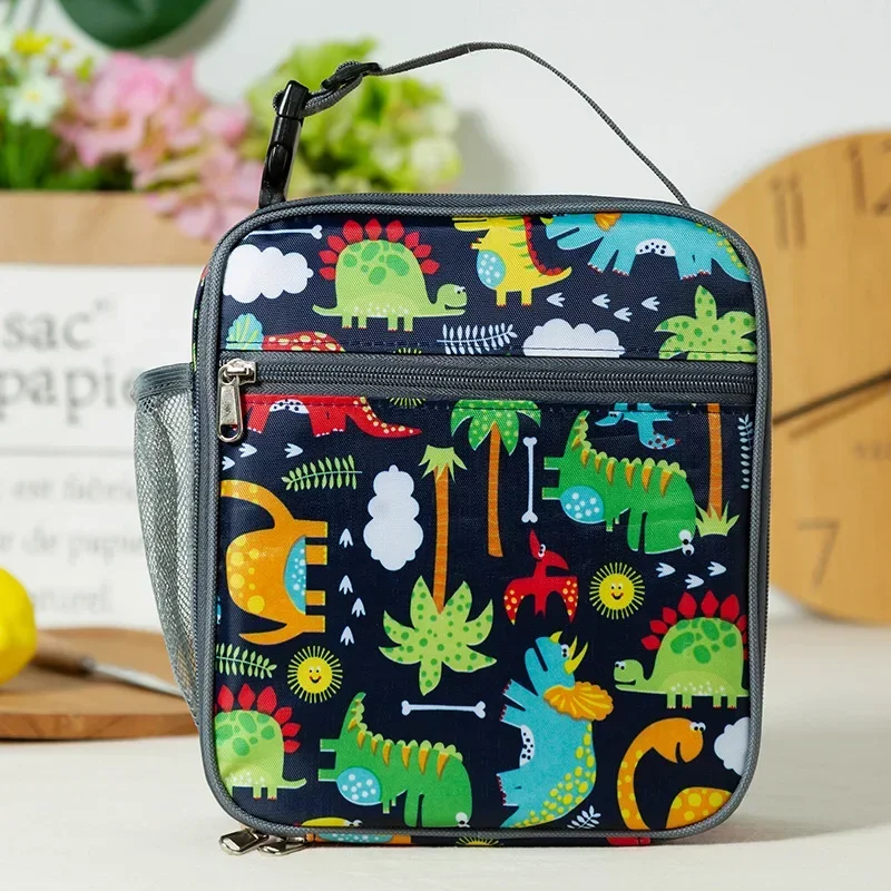 2024 Lunch Box Bag Adjustable Shoulder Strap and Side Pocket New Arrival Cartoon Dino Kids Lunch Bag Estuches Escolares