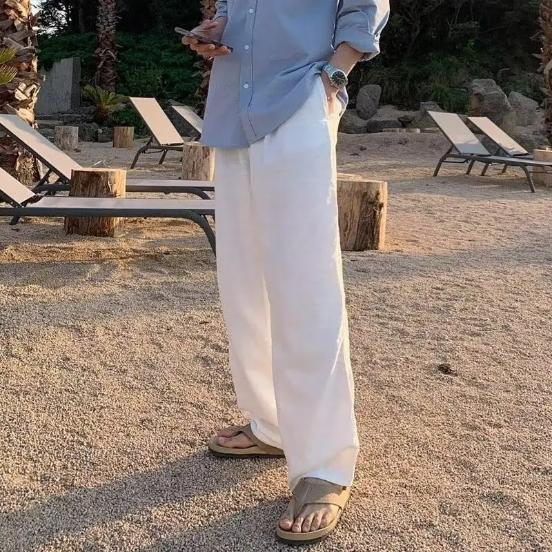 Calça japonesa retrô de linho de cor sólida masculina verão respirável solta calça casual esportiva