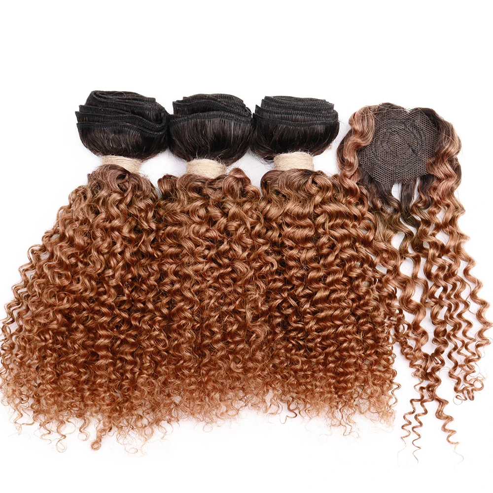 Ombre Kinky Curly Bundles With Closure Natural Human Hair Bundles Short Brazilian Hair Bundles With Circular Closure