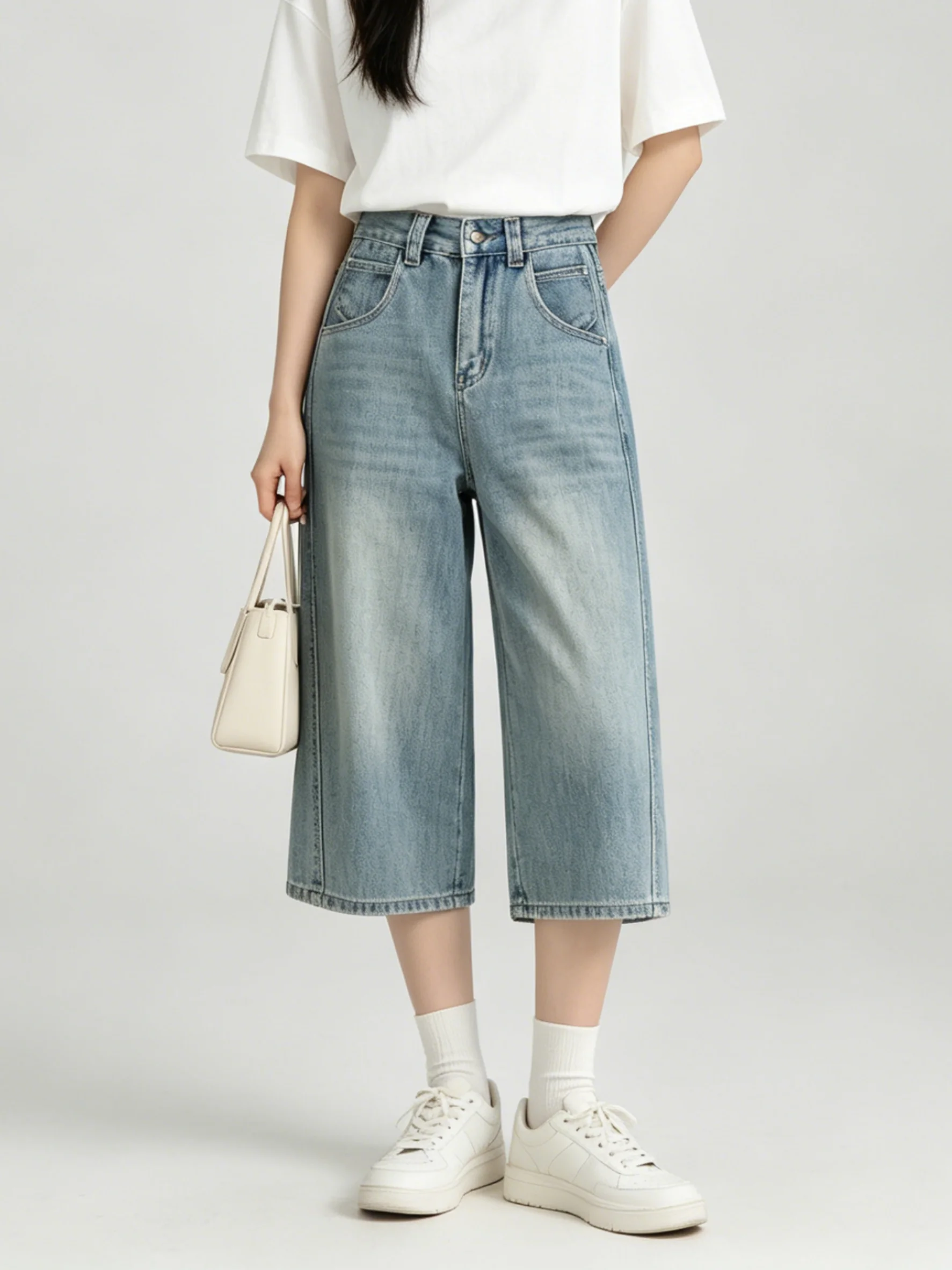 

Korean Style High Waist Wide Leg Denim Jeans Women's Summer Loose Slim Straight Light Blue Vintage Wind Casual Loose Fit