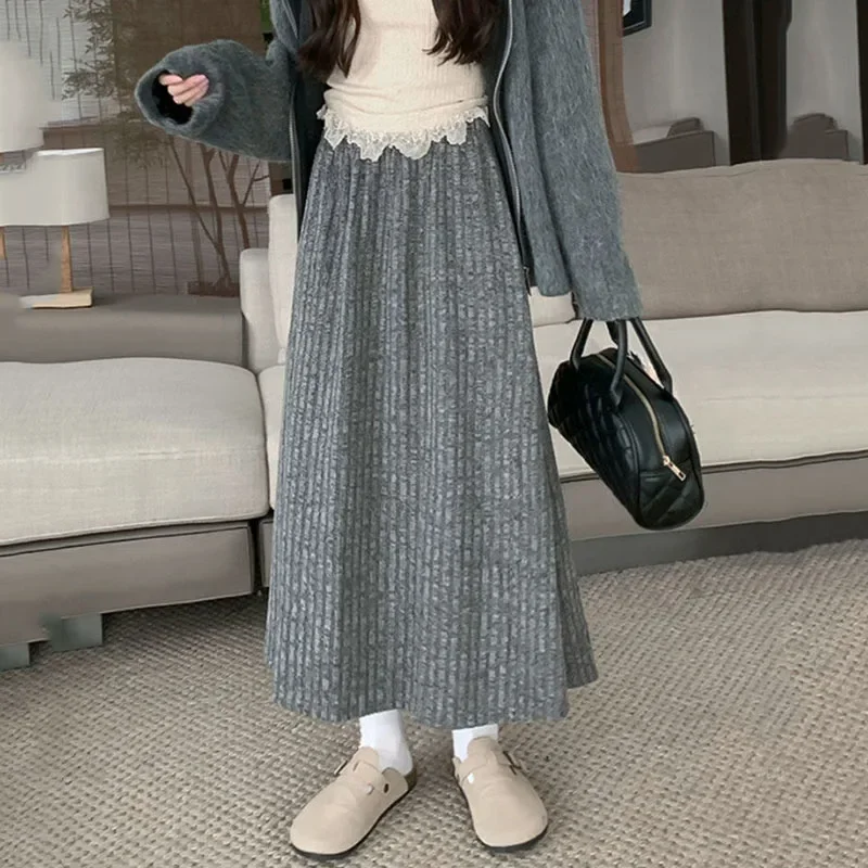 

2025 Autumn Winter New Thicken Plush A-line Skirts Wowen Solid Casual High Waisted Long Skirt Ladies Lazy Style Midi Skirts