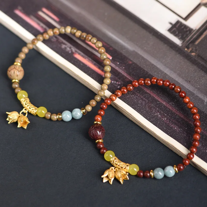 Green and Blood Sandalwood 4mm DIY Chinese Style Wooden Beads Buddhist Bracelet for Women with Orchid Pendan