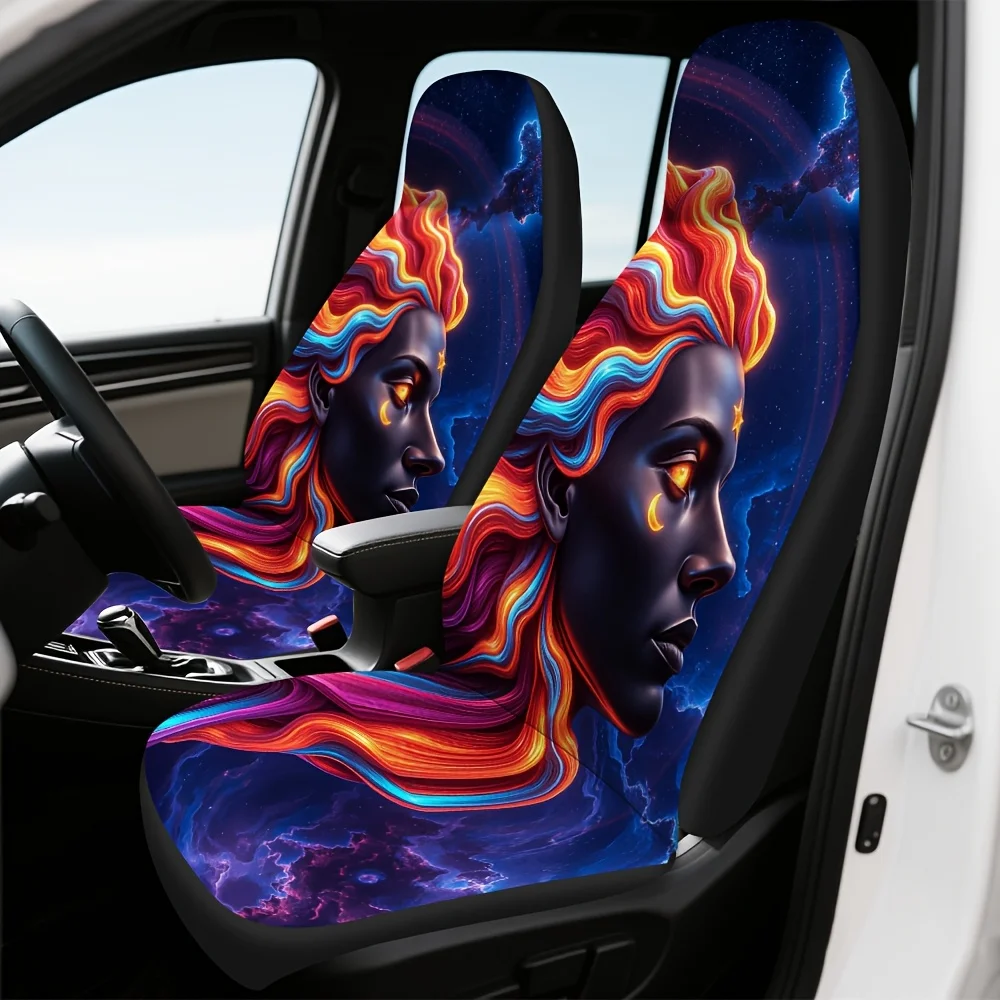 2pcs Cosmic Sun Moon Fusion Car Seat Covers - Vibrant Neon Glow-in-the-Dark Design, Durable Polyester, Fit For All Vehicles, Mac