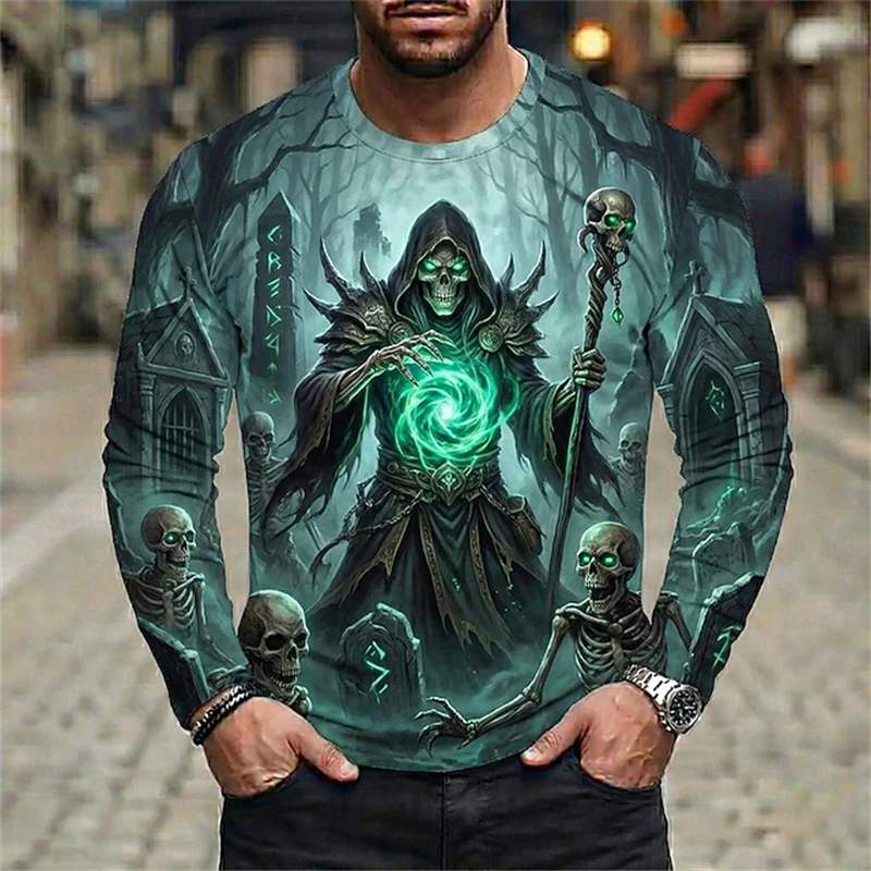 Men's 3D Magician Print T-Shirt Mysterious and Cool Long-Sleeve Design Fashionable Casual Crew-Neck Top Loose-Fit Long Sleeves