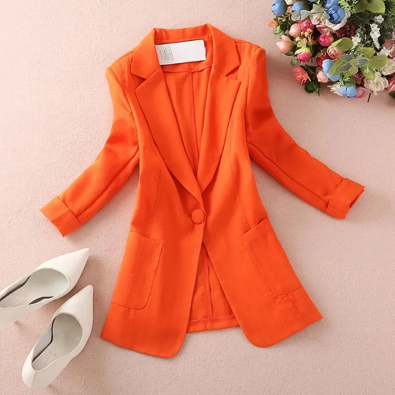 Women's Cotton Linen Blazers New Summer Clothes Slim Single Button 3/4 Sleeves Thin Suit Coat Female Outerwear Casual Tops 3XL