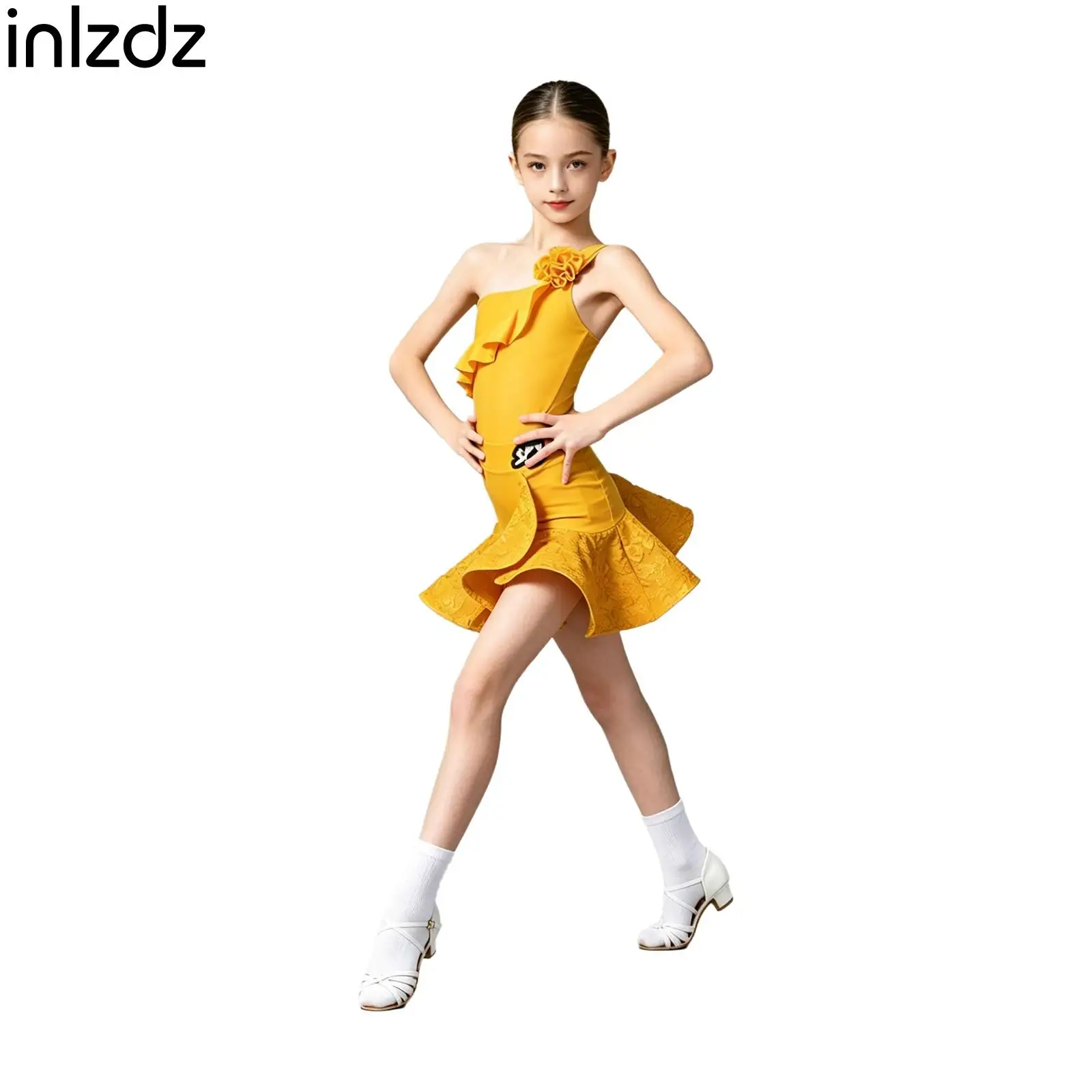

Kids Cha Cha Salsa Ballroom Dress Girls One Shoulder Ruffled Latin Dance Costume for Dance Practice Performance Competition