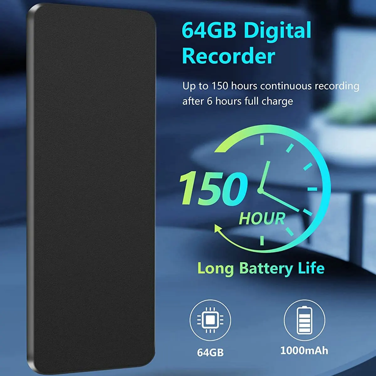 Vandlion V55 64G مسجلات صوت صغيرة رقمية 1100 مللي أمبير في الساعة 150 ساعة جهاز تسجيل الصوت فلاش USB المستمر WAV #3