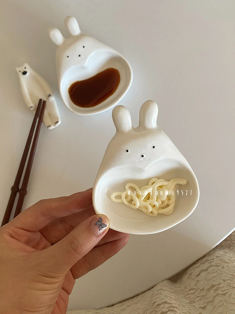 Super Cute Cartoon Rabbit Dipping Saucer Household Three-dimensional Ceramic Saucer Ketchup Snack Plate Vinaigrette White Rabbit