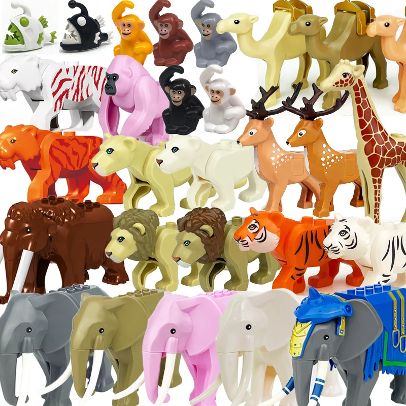 MOC Animals Zoo Building Blocks Elephants Tigers Chimpanzees Elk Bears Sheep Camel Horse Crocodile Leopard Mini DIY Bricks T11