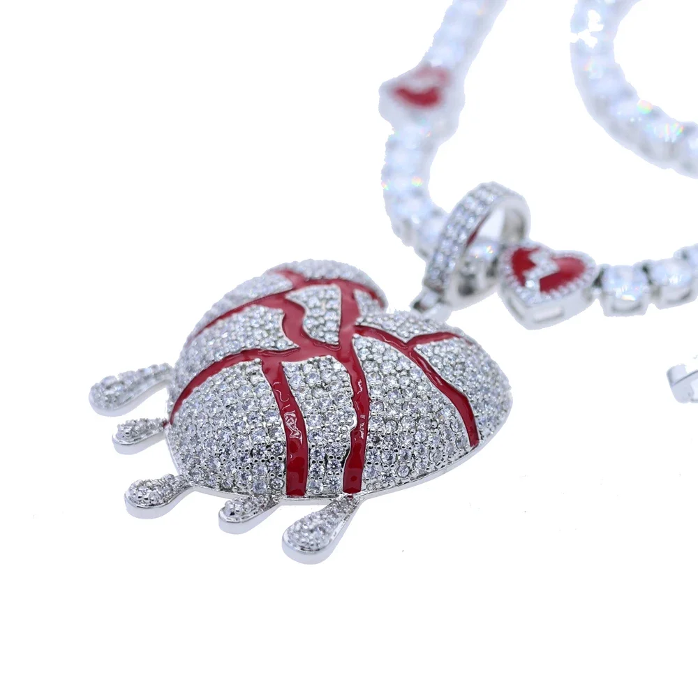 Iced Out Red Enamel Dripping Heart Pendant Necklaces with Heart Tennis Chain for Men Bling Cubic Zirconia Paved Hip Hop Jewelry