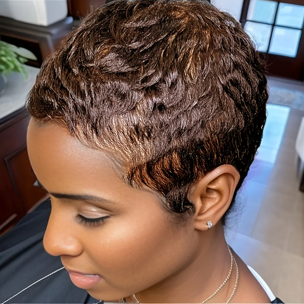 

4inch brown color 150% density pixie cut wig short straight layered for women machine made daily paty use human hair wigs ﻿