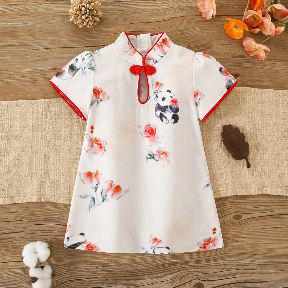 

Платье для маленьких девочек, летнее платье-Ципао в китайском стиле с пандой, одежда для девочек Hanfu