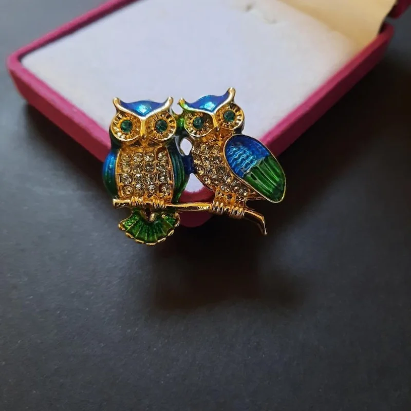 Two Owls Brooch Pin Crystal & Enamel Bird Brooch Brown Owls on a Branch Badge Broach