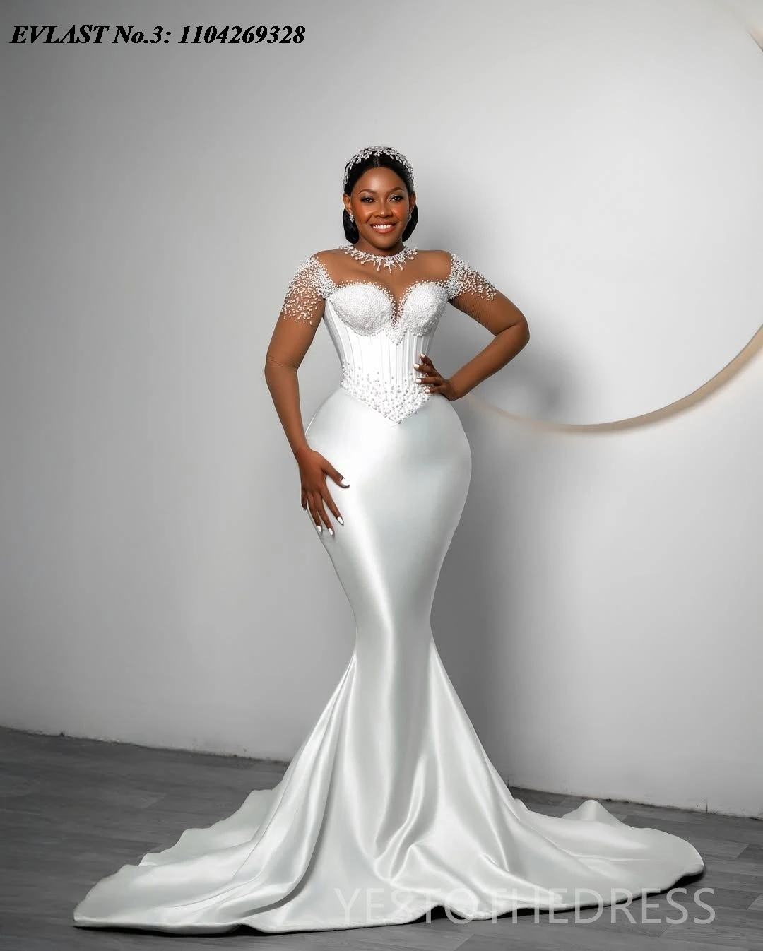 EVLAST Angepasst Meerjungfrau Hochzeit Kleid Satin Applique Perlen Kristall Perlen Abnehmbare Zug Brautkleid Vestidos De Novia E3W04