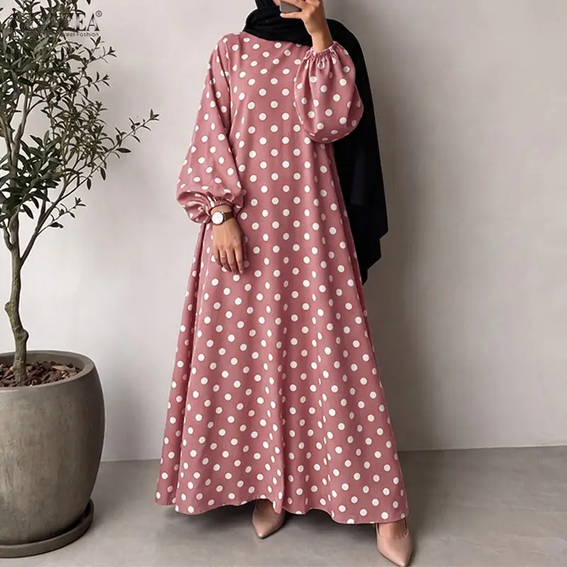ZANZEA Casual Women Dresses Fashion Polka Dot Lantern Long Sleeve Long Maxi Dresses Muslim Long Kaftan O Neck Vestidos Autumn