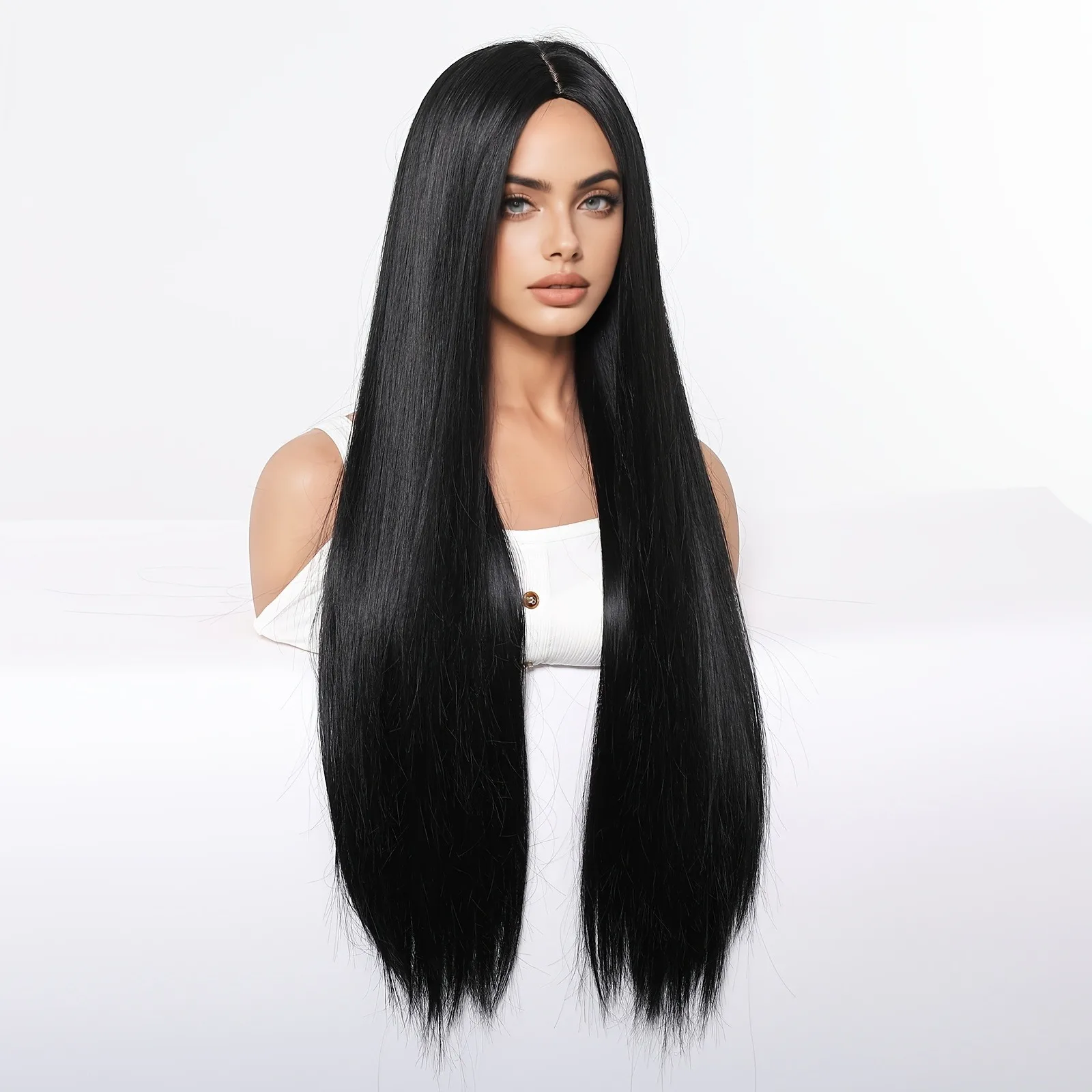 Elegant 28 Inch Black Straight Synthetic Wig for Women, High Temperature Fiber, 150% Density, with Rose Net Cap, for Parties and image 3